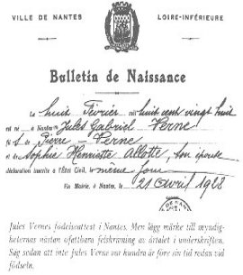 Certificado de nacimiento de Julio Verne, cortesía de Garmt de Vries